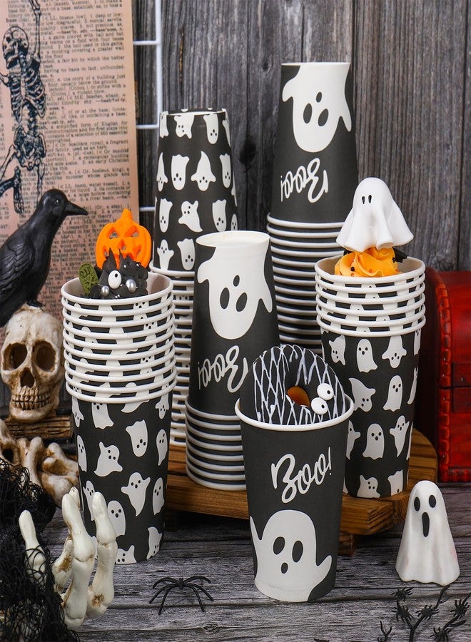 JarThenaAMCS 100 Pcs Halloween Ghost Paper Cups Black White Ghost Boo Disposable Cups for Hot Cold Drinks Halloween Birthday Holiday Party Table Supplies, 9 Oz - Image 4